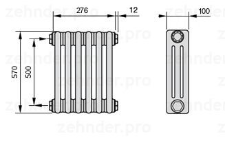 Схема (чертеж) Радиатор Zehnder Charleston 3057/6 №1270 Technoline TL